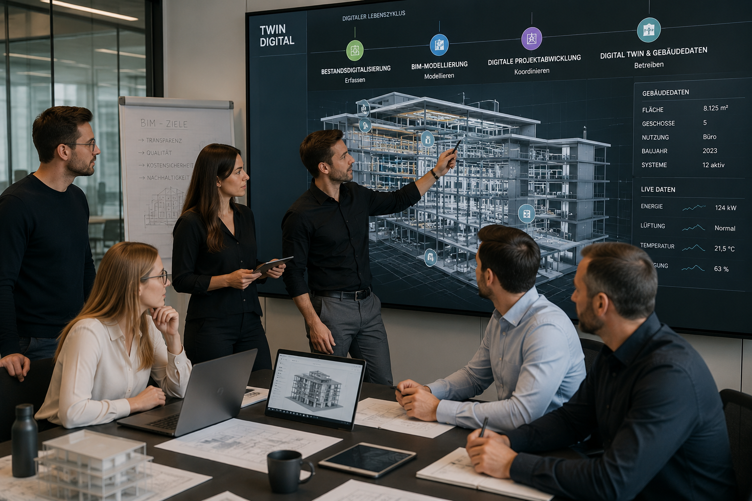 Interdisziplinäres TwinDigital Netzwerk vor einem Digital Twin